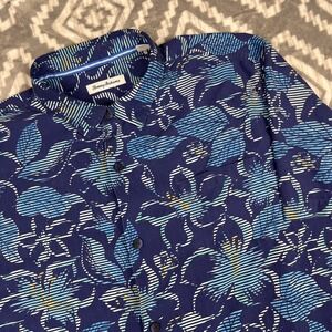 Tommy Bahama Shirt Mens 2XL Blue Palm Tree Floral Silk Cotton Hawaiian Button Up